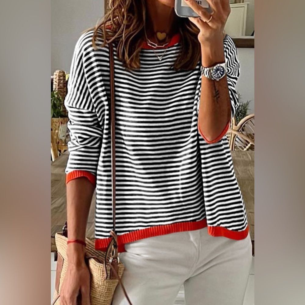 Dark Gray, Red & White Striped Round Neck Drop Shoulder T-Shirt​